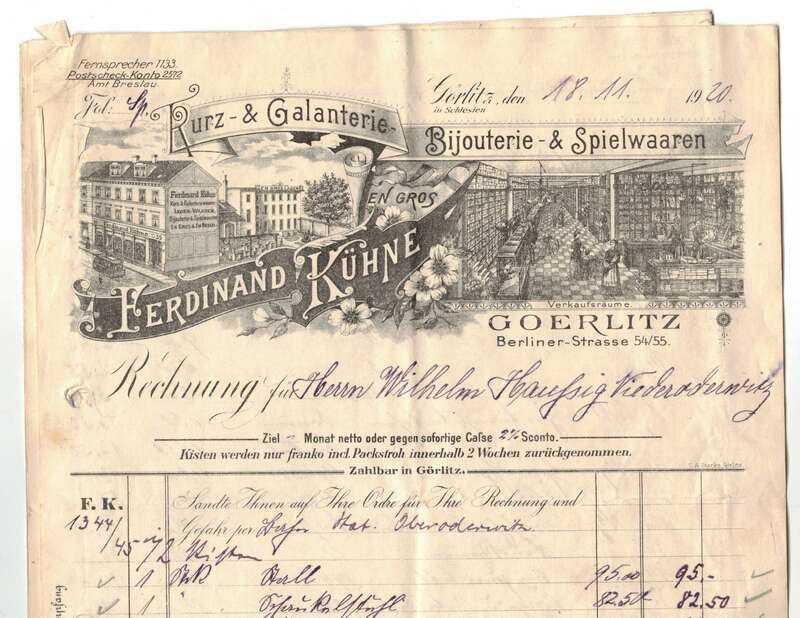Litho Rechnung Görlitz Ferdinand Kühne Kurzwaren Spielwaren 1920 