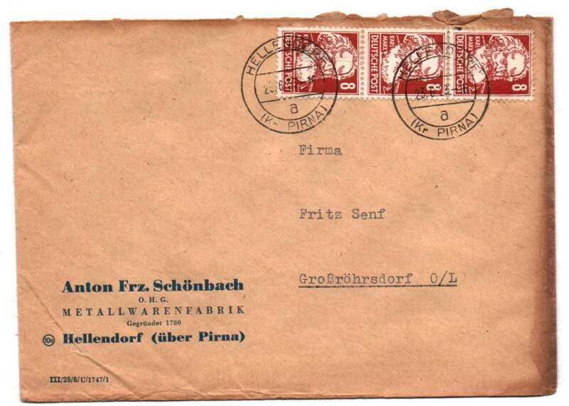 Firmen Brief Schönbach Metallwarenfabrik Hellendorf über Pirna 1953 
