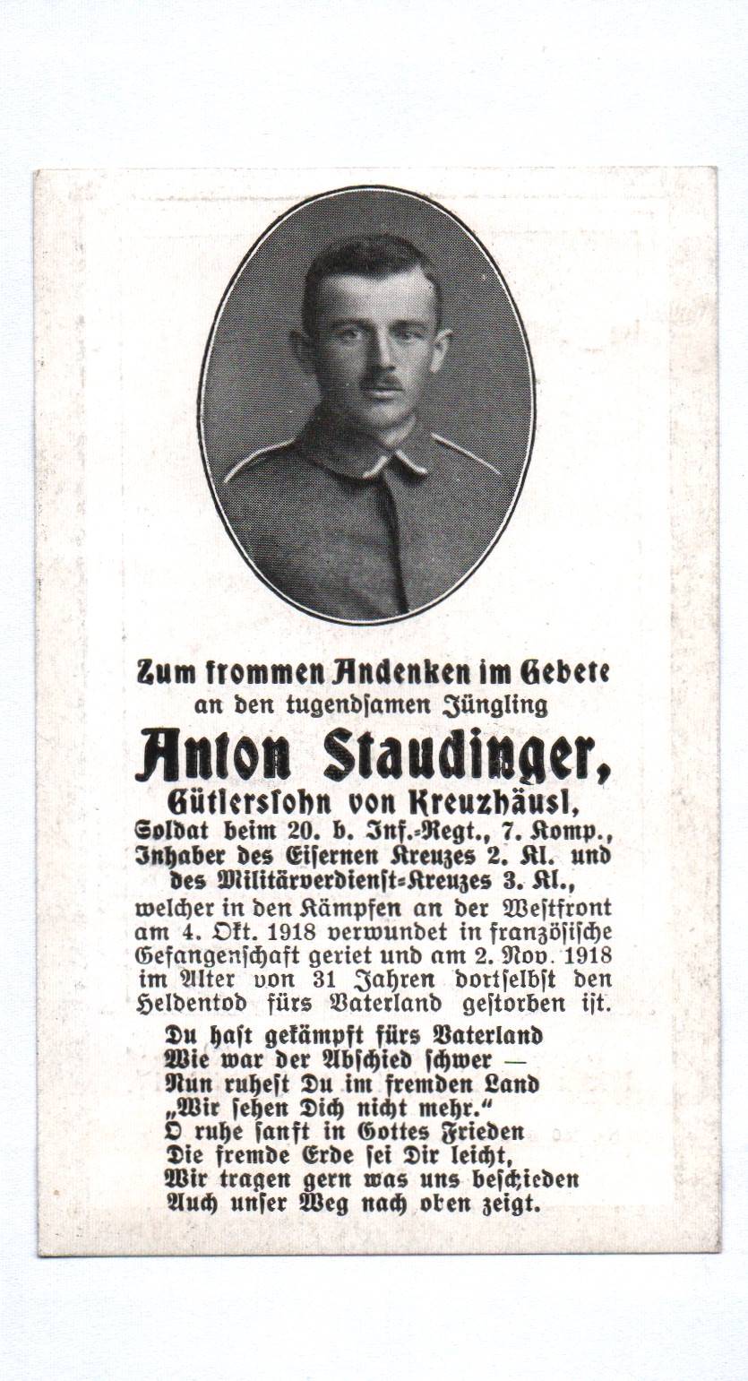Sterbebild Kreuzhäusl Soldat 20 b Inf Regt 7 Kompanie 1918