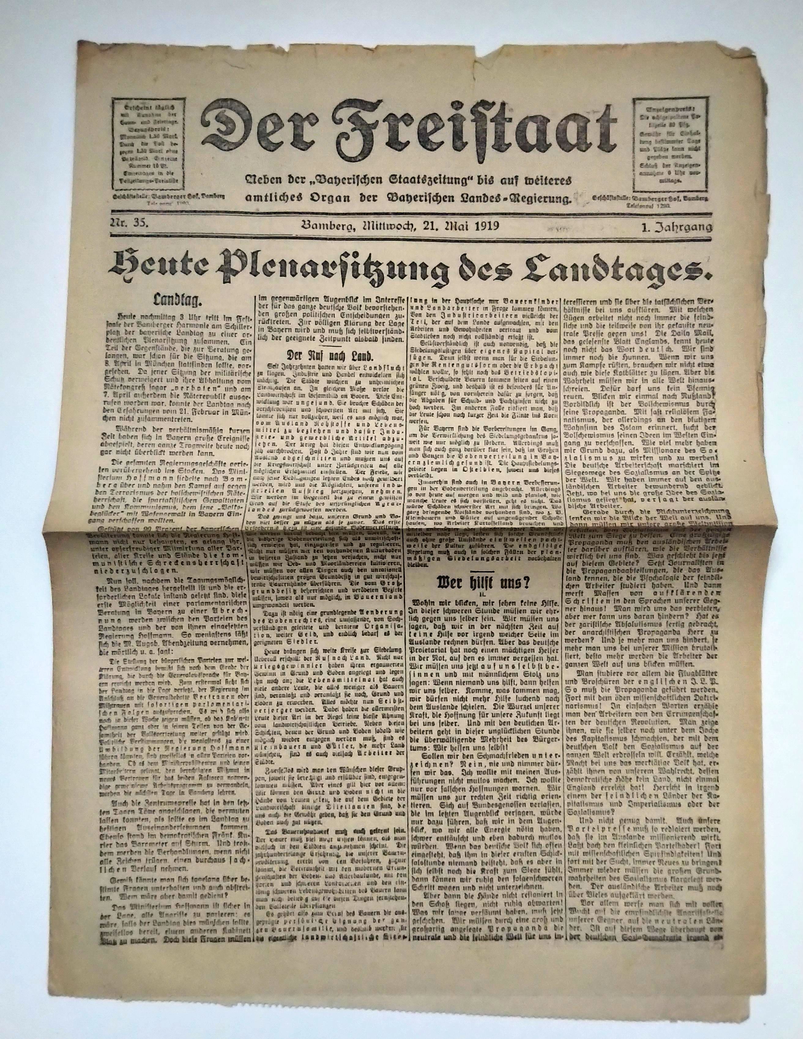 Der Freistaat Zeitung 1919 Nr 35 Plenarsitzung des Landtages Der Freistaat Zeitung 1919 Nr 35 Plenarsitzung des Landtages