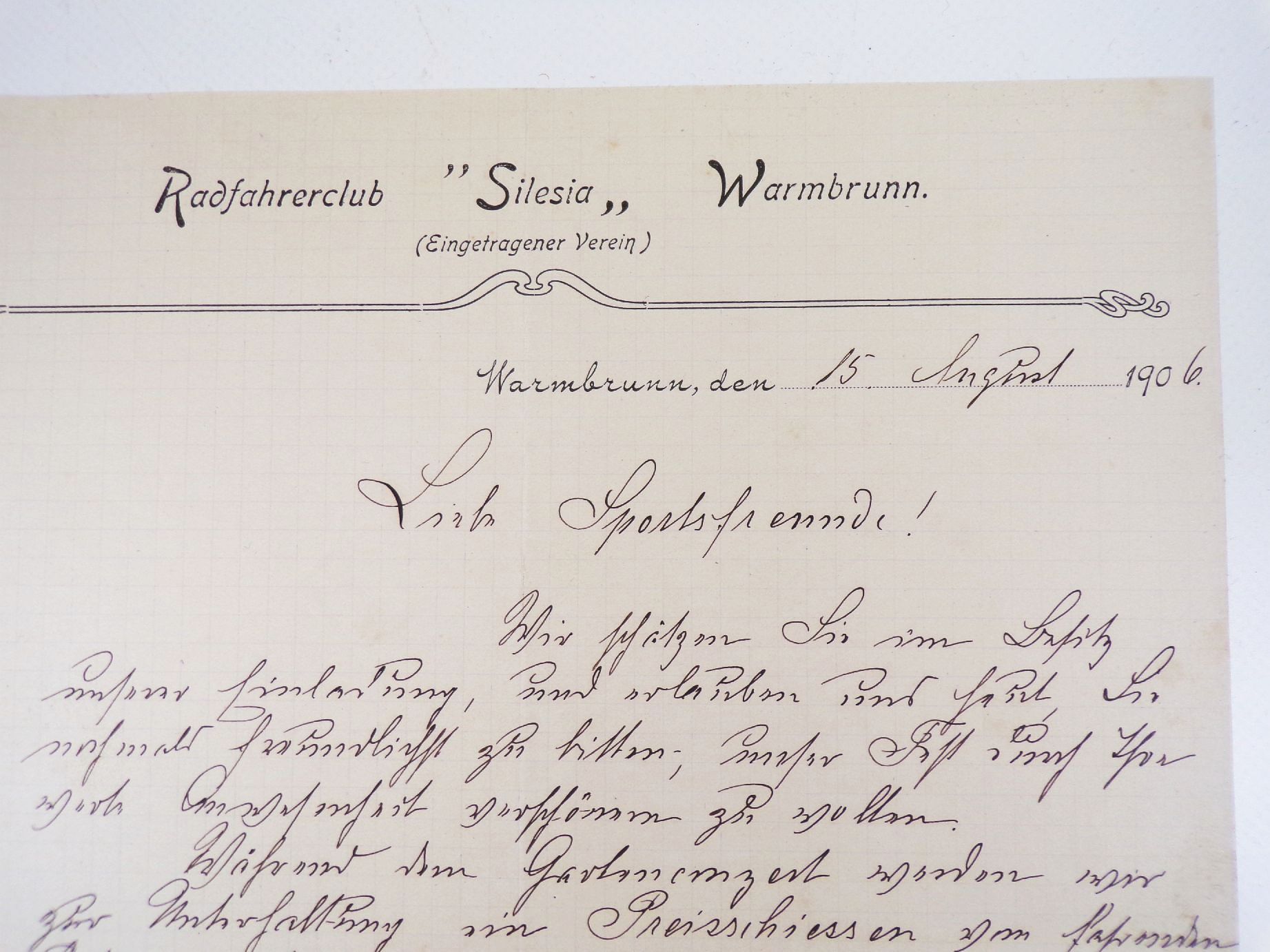 Dokument Radfahrer Verein Silesia Warmbrunn 1906 Schlesien Polen Dokument Radfahrer Verein Silesia Warmbrunn 1906 Schlesien Polen