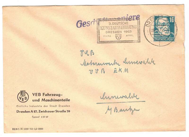 Brief 1953 VEB Fahrzeug und Maschinenteile Dresden A 27 