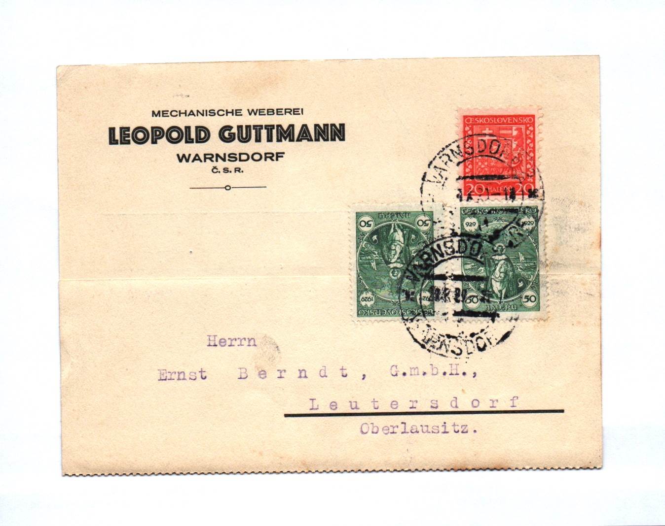Brief 1929 Mechanische Weberei Leopold Guttmann Warnsdorf