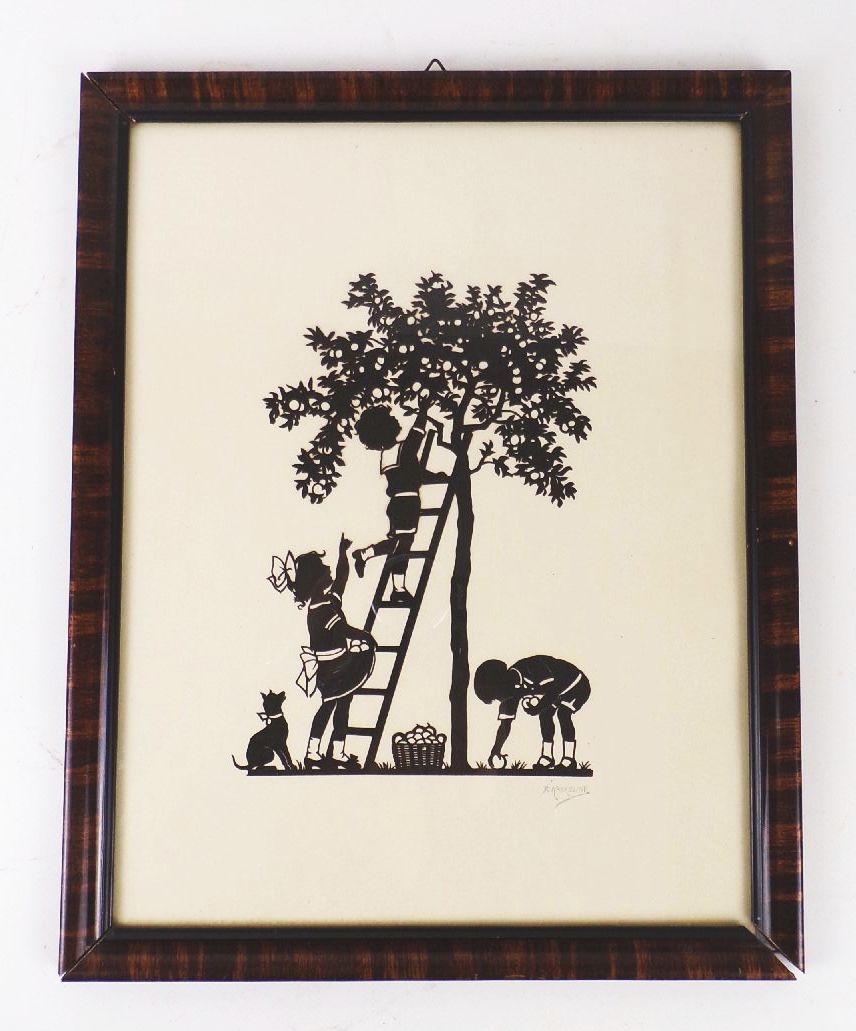 Alter Scherenschnitt Kaskeline signiert Kinder Apfelbaum 1930er Bilderrahmen