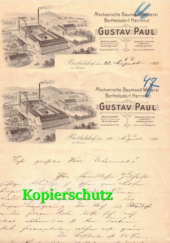 2 x Litho Rechnung Gustav Paul Baumwoll Weberei Berthelsdorf Herrnhut 1905 !
