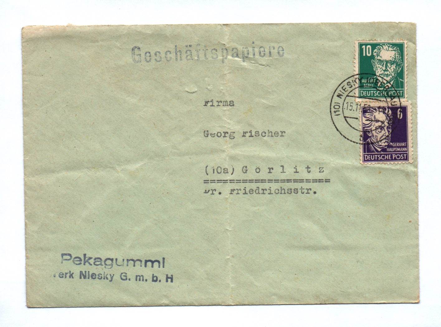 Geschäftspapiere Pekagummi Werk Niesky GmbH 1953 DDR