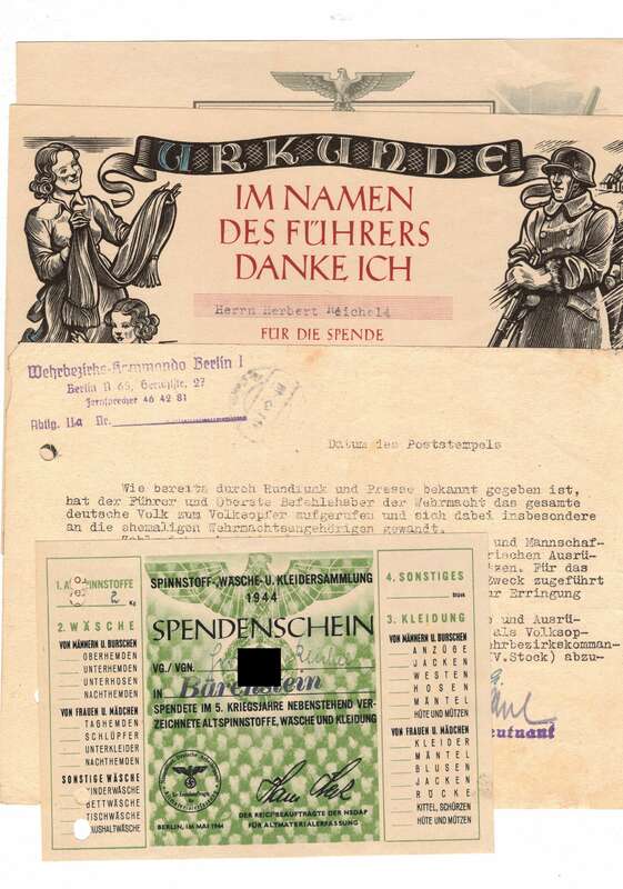 Spendenschein Urkunden 1940 - 1944 Dokument 2 Wk