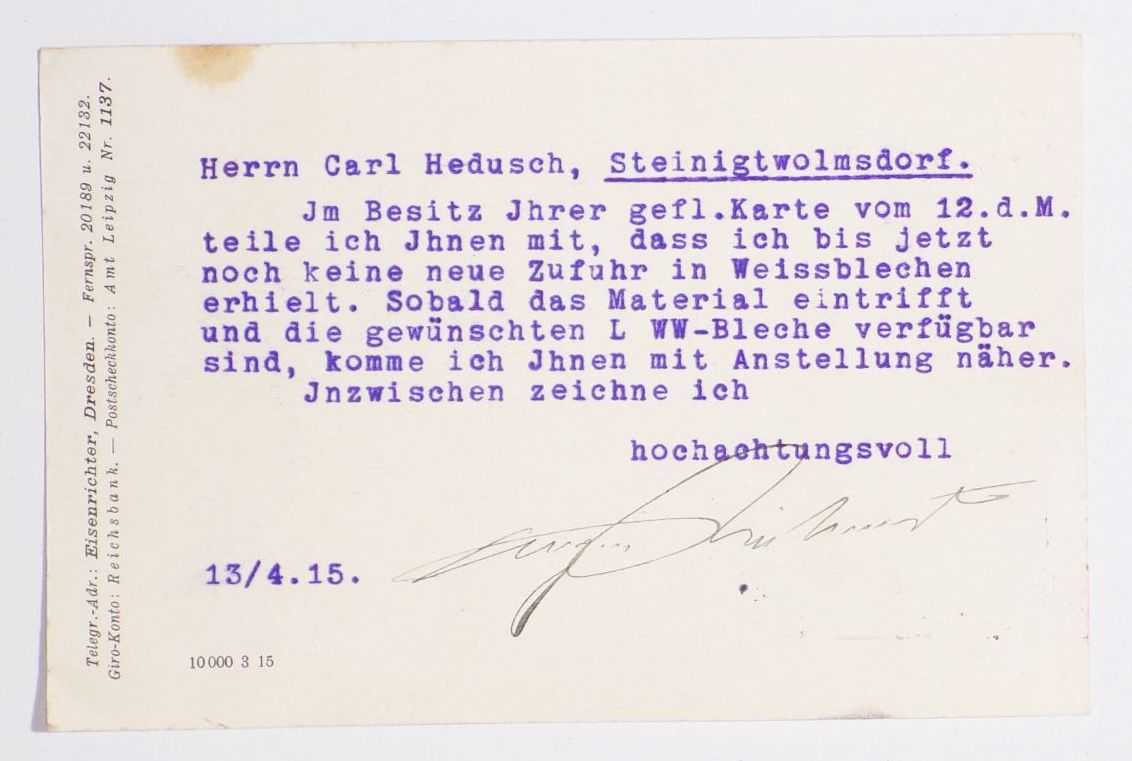 Postkarte August Richter Dresden Bleche Stabeisen 1915 mit Firmenlochung