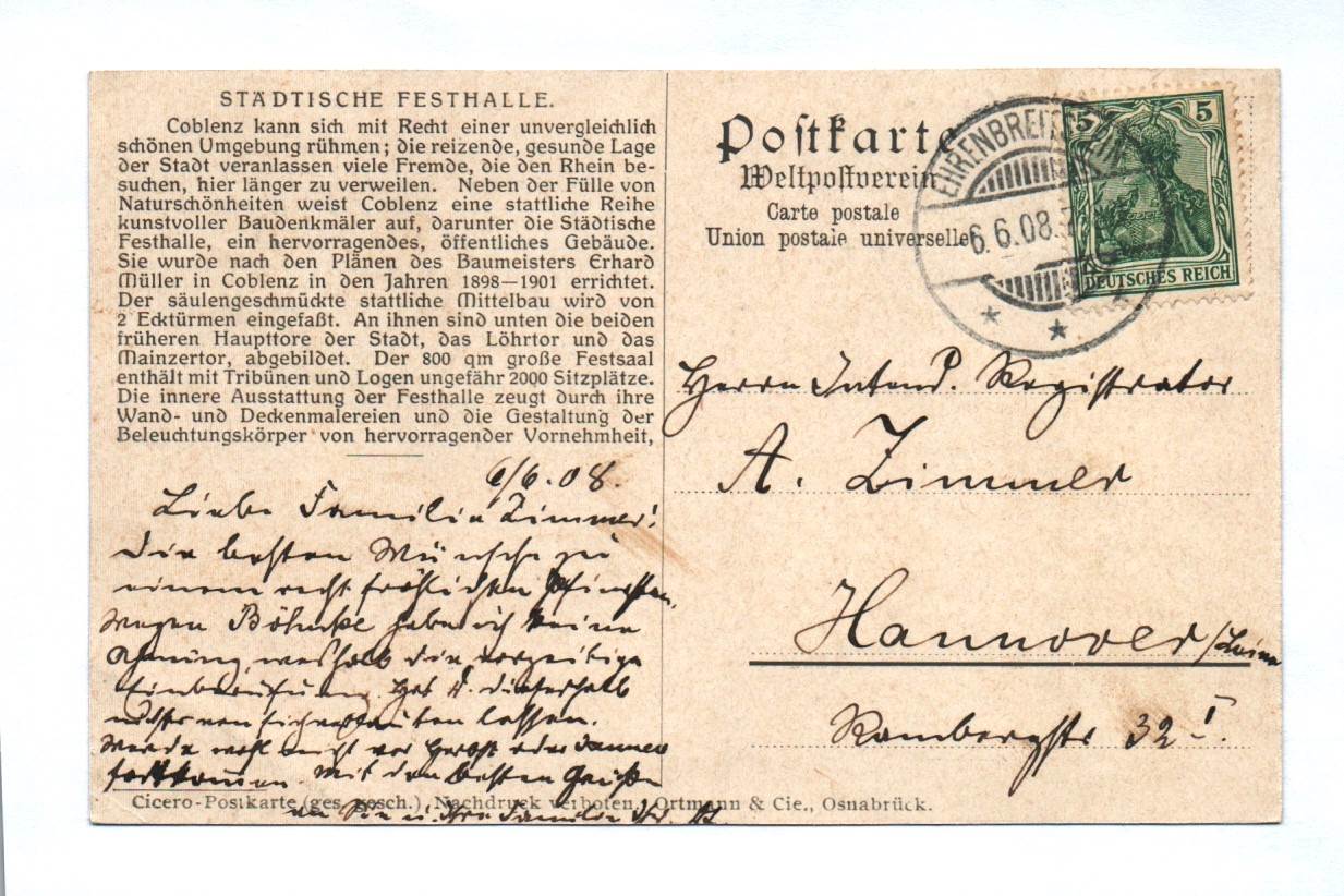 Ak Coblenz Städtische Festhalle Rheinland-Pfalz 1908 Ak Coblenz Städtische Festhalle Rheinland-Pfalz 1908