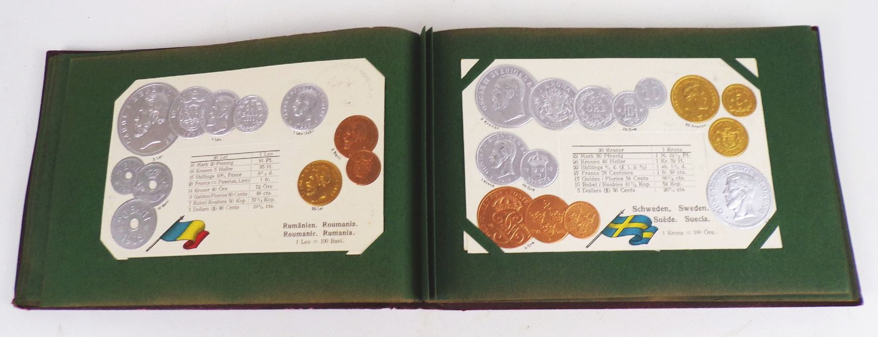 Geldsorten aller Länder Postkartenalbum Geld Münz Ansichtskarten um 1910 Rarität 45 Präge Ansichtskarten