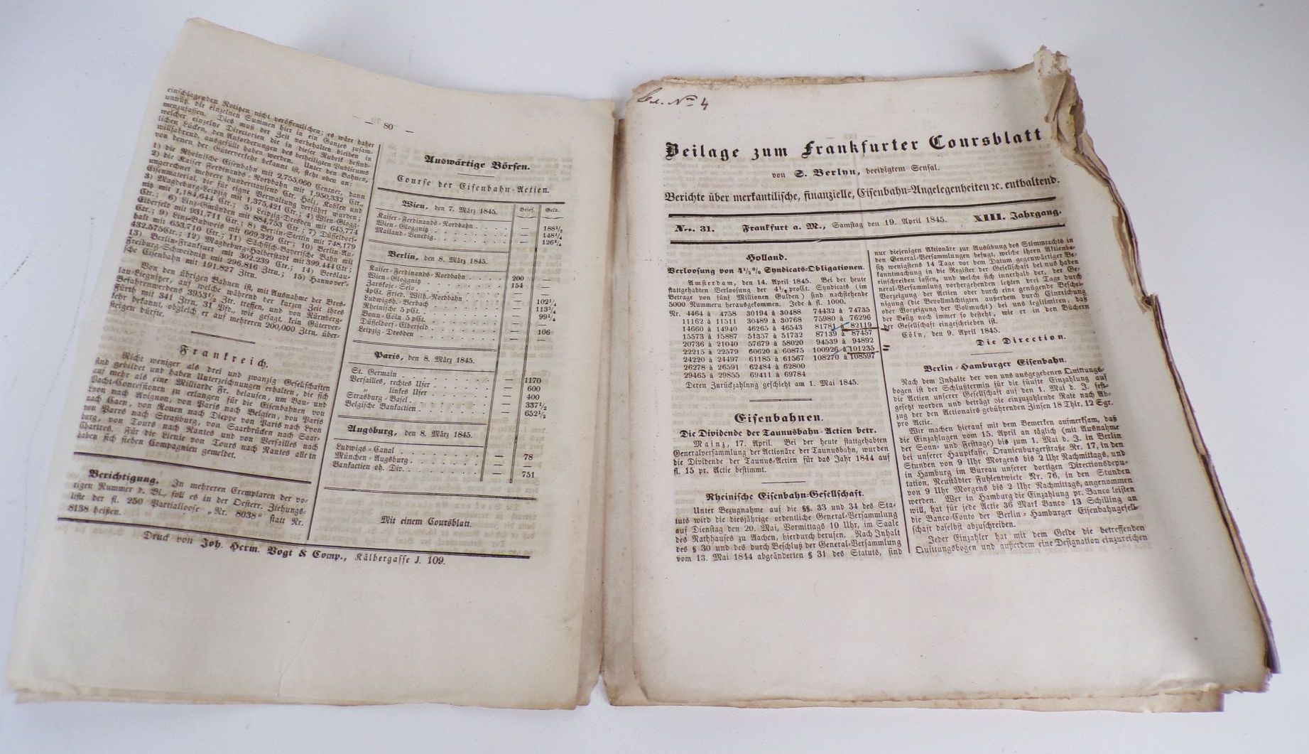 Frankfurter Handels Correspondent Eisenbahn 1839 bis 1845 Zeitung