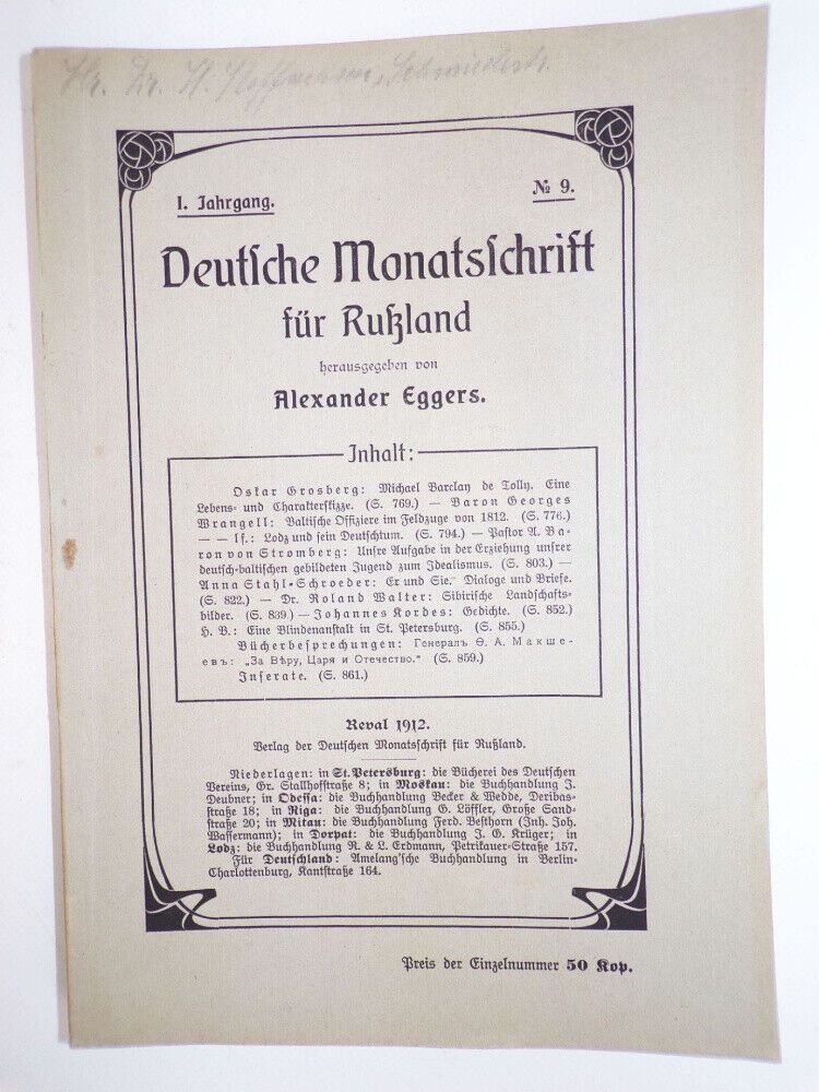 Deutsche Monatsschrift für Russland Alexander Eggers 1912 Reval 