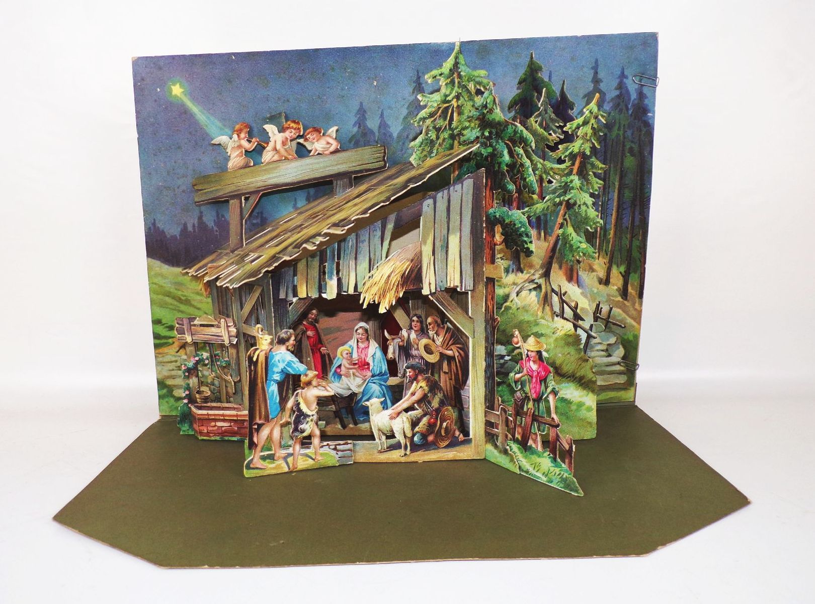 Alte Weihnachtskrippe groß Austell Krippe Papier Pop up Weihnachtsschmuck