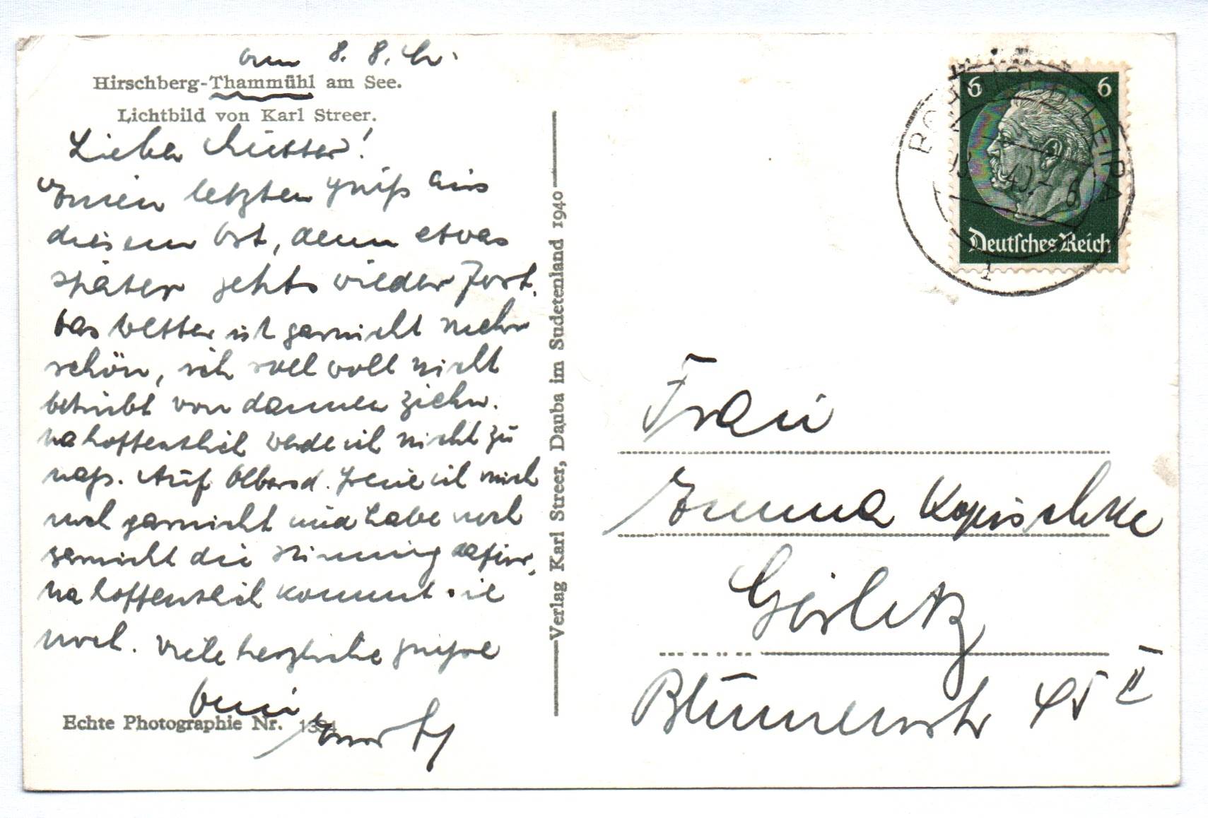 Foto Ak Hirschberg Thammühl am See 1940 Böhmen