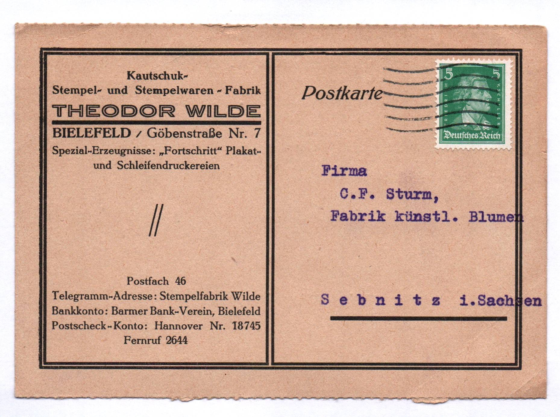 Postkarte Kautschuk Stempel und Stempelwaren Fabrik Theodor Wilde Bielefeld 1927
