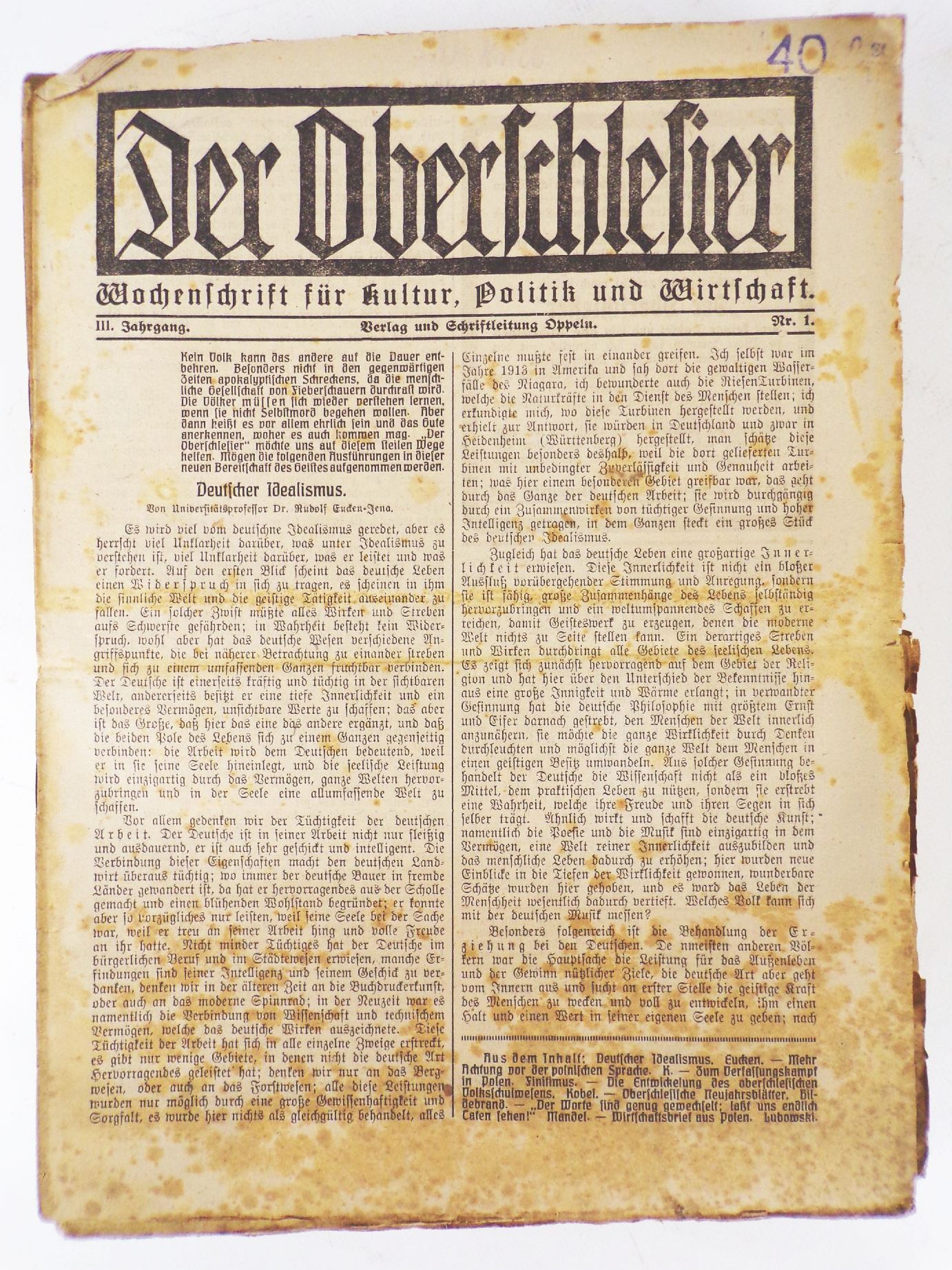 Der Oberschlesier Wochenschrift 1921 Nummer 1 bis 38 Schlesien Zeitung Der Oberschlesier Wochenschrift 1921 Nummer 1 bis 38 Schlesien Zeitung