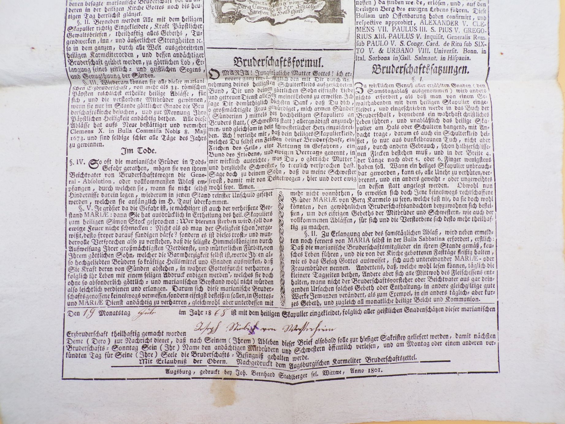 Dokument 1868 Betritt Marianische Erz Bruderschaft Schloßkirche Holzgünz