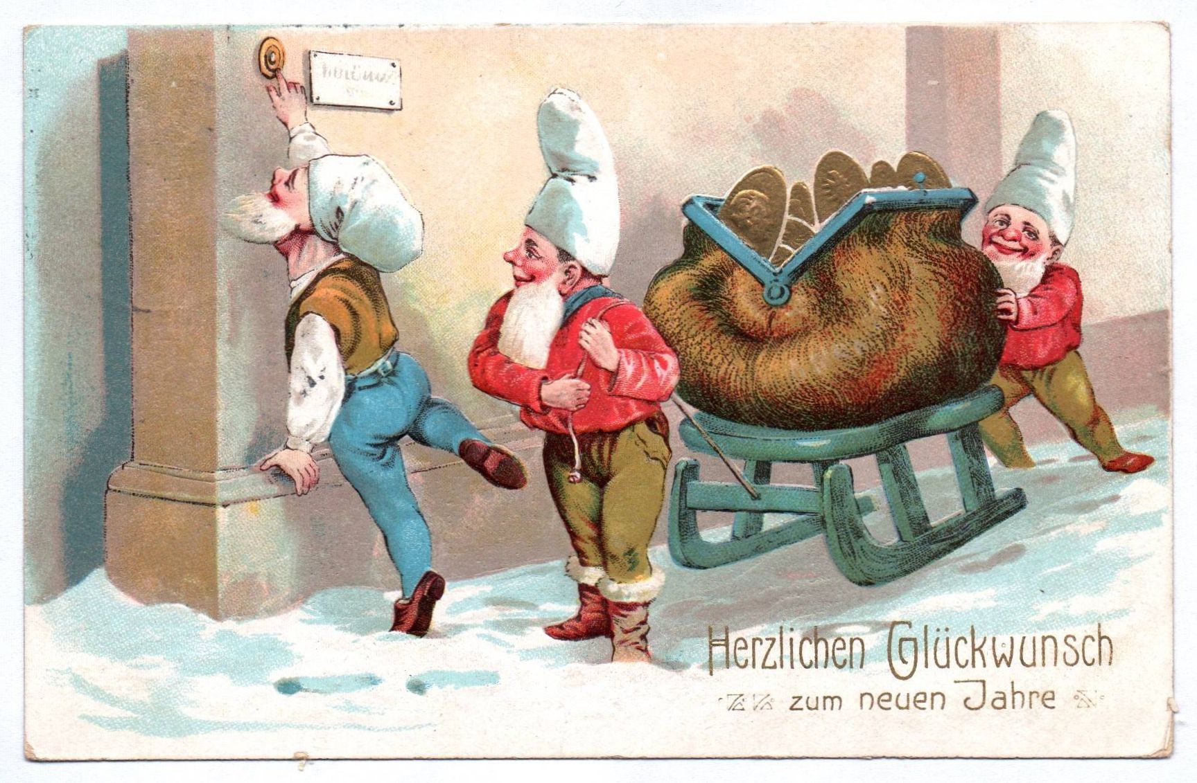 Künstler Ak Wichtel klingeln an Haustür 1914 geprägt Neujahr Künstler Ak Wichtel klingeln an Haustür 1914 geprägt Neujahr