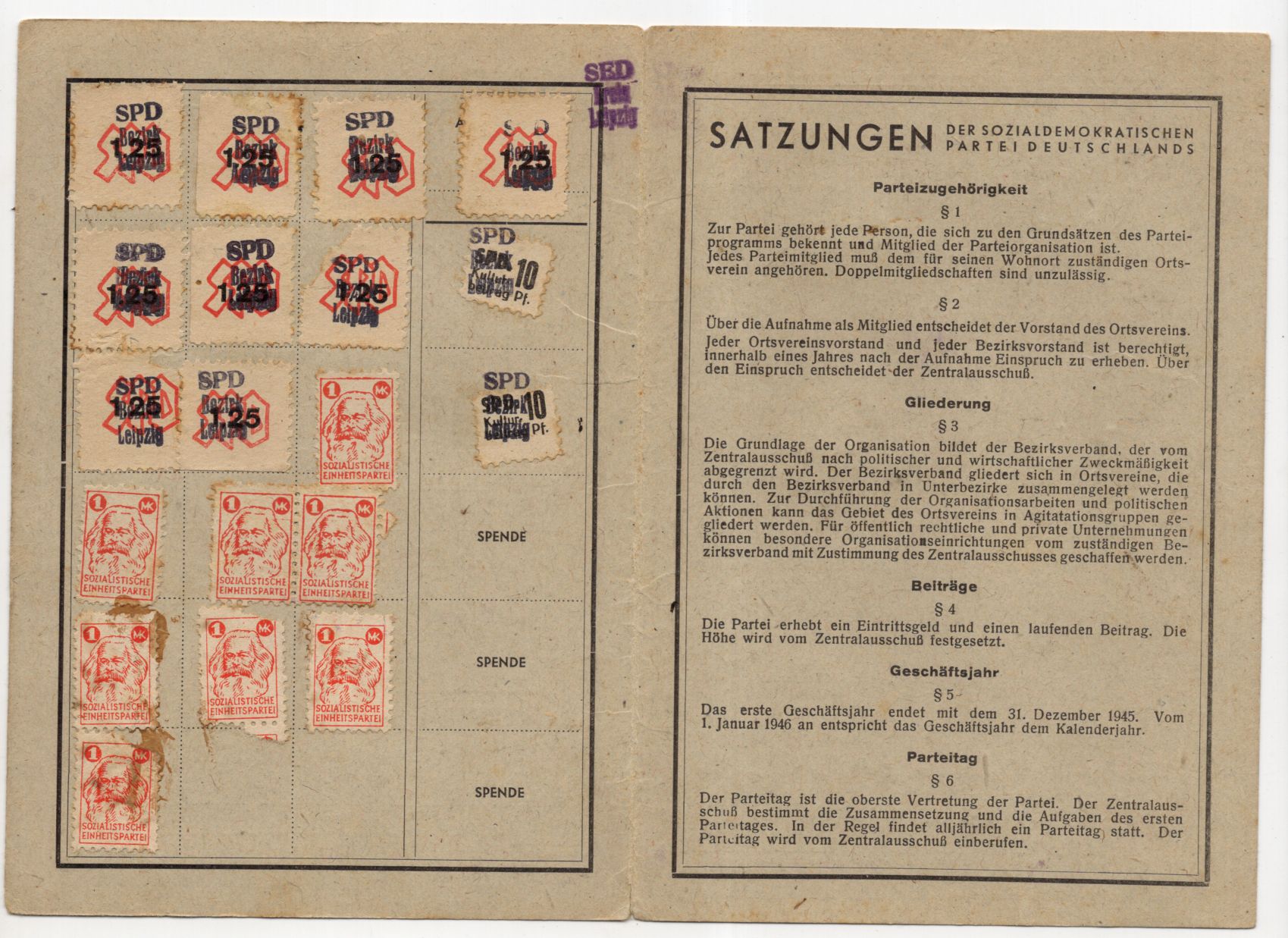 SPD Mitgliedskarte Bäsdorf Elster 1945 Beitragsmarken SPD Mitgliedskarte Bäsdorf Elster 1945 Beitragsmarken