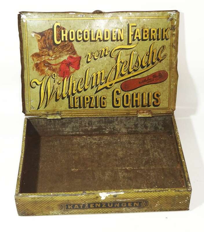 Blechdose Schokoladenfabrik Wilhelm Felsche Leipzig Gohlis Katzenzungen 1900er