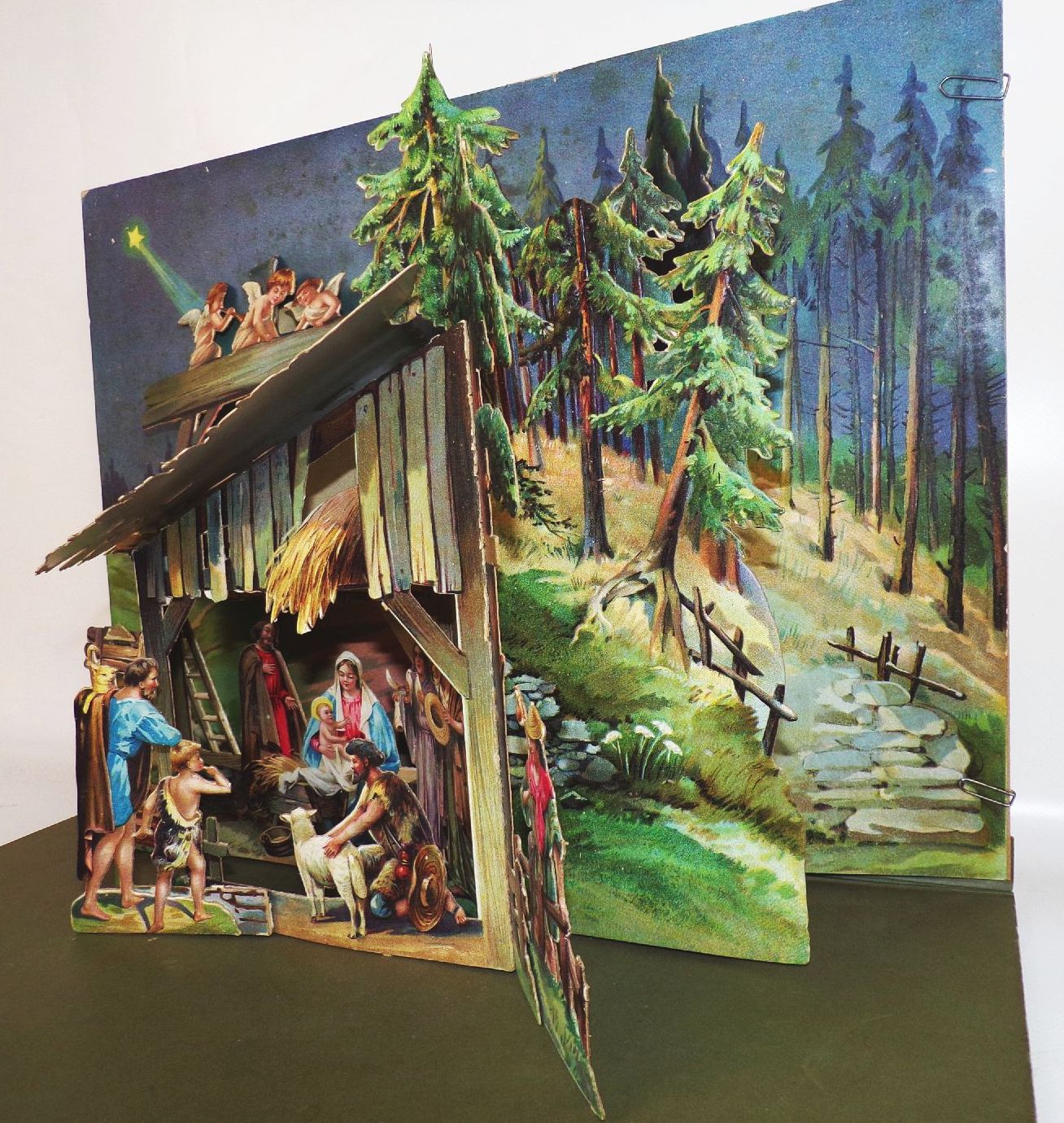 Alte Weihnachtskrippe groß Austell Krippe Papier Pop up Weihnachtsschmuck