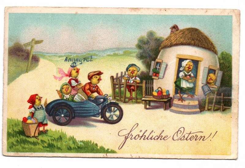 Ak Küken fährt Motorrad vermenschlicht Fröhliche Ostern 1961