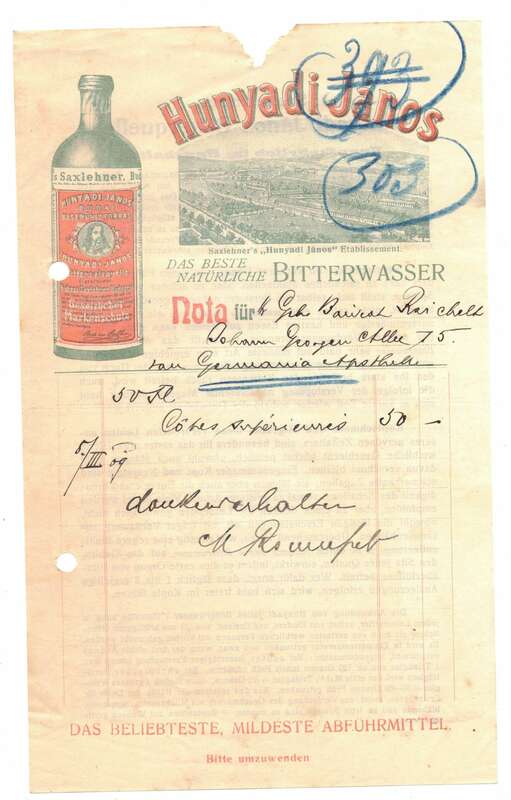 Litho Rechnung Hunyadi Janos Bitterwasser Nota Abführmittel 1909 