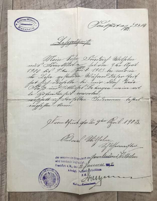 Alter Brief Andreas Wilhelm Schlossermeister Bornheim 1903 Frankfurt