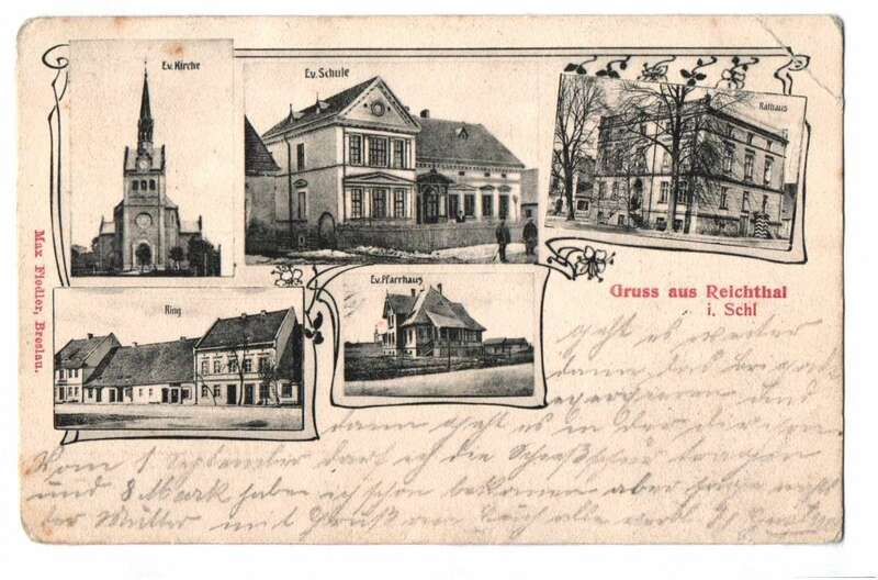 Litho Ak Gruss aus Reichthal Schlesien Schule Kirche Ring Pfarrhaus 1907