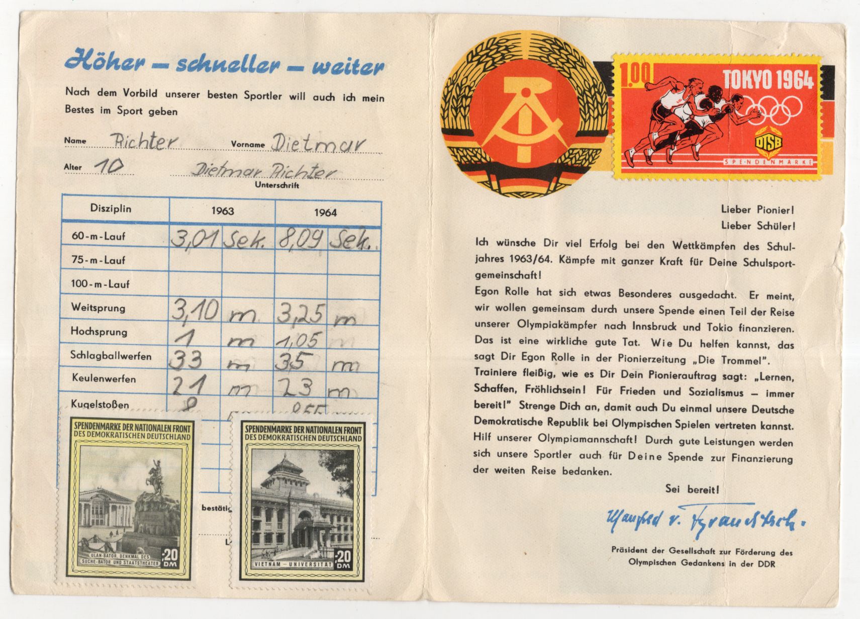 Mitgliedskarte Gesellschaft zur Förderung des Olympischen Gedankens DDR 1964 Marken Mitgliedskarte Gesellschaft zur Förderung des Olympischen Gedankens DDR 1964 Marken