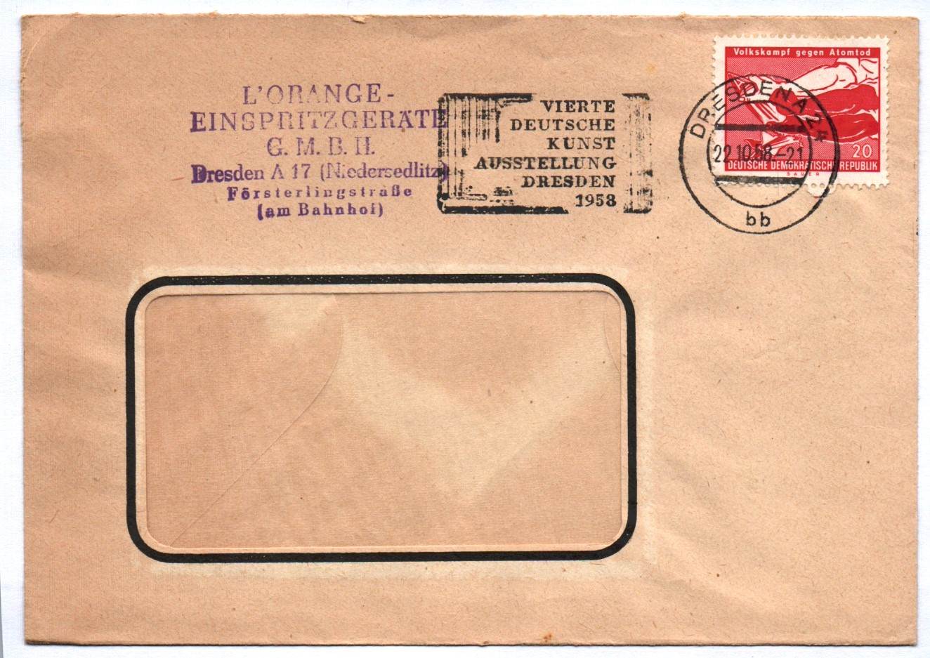 Brief Propaganda Stempel DDR 1958 Dresden Einspritzgeräte