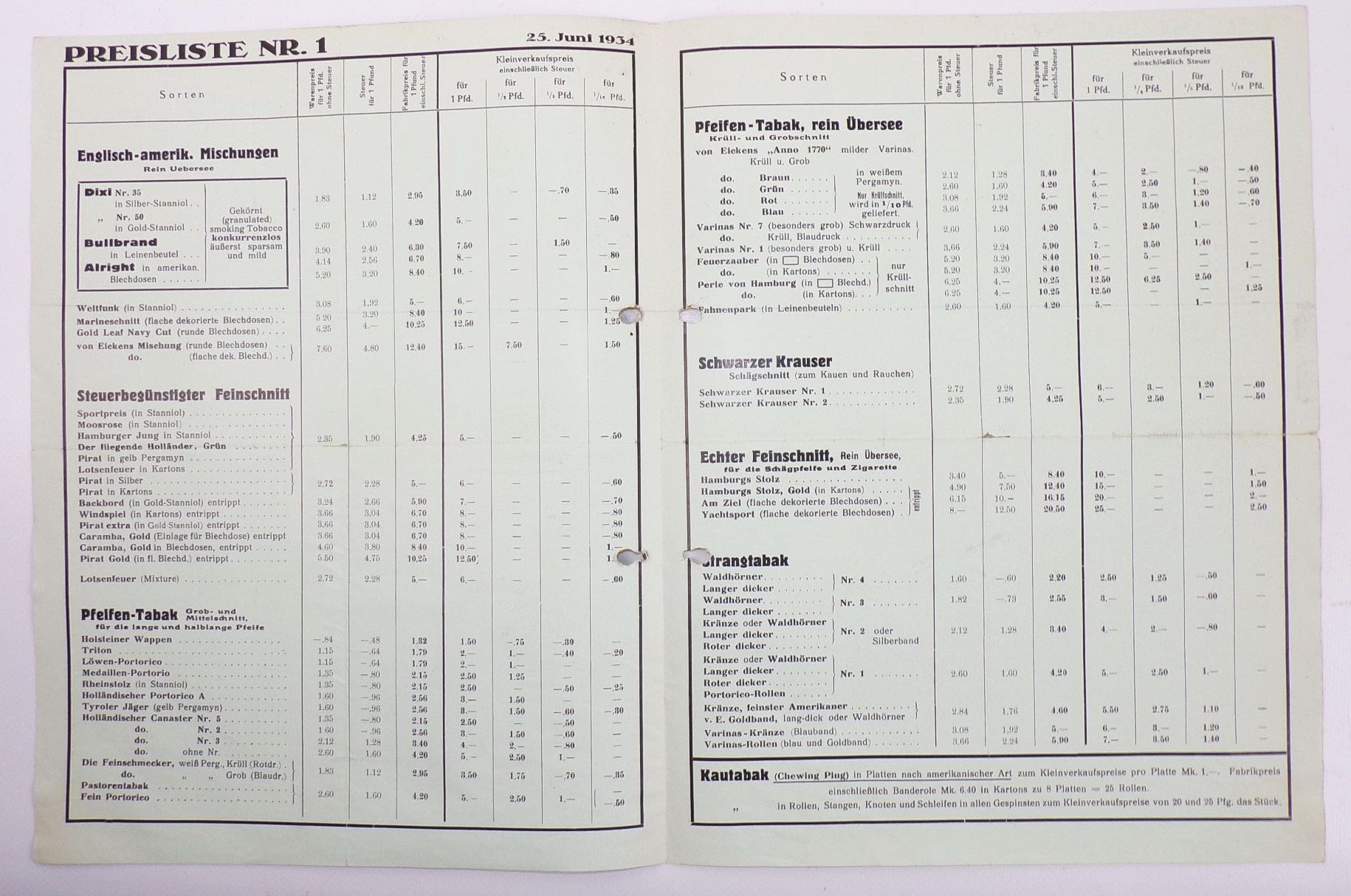 Werbe Prospekt von Eicken Tabak 1934 Tabaksorten Rauchtabak