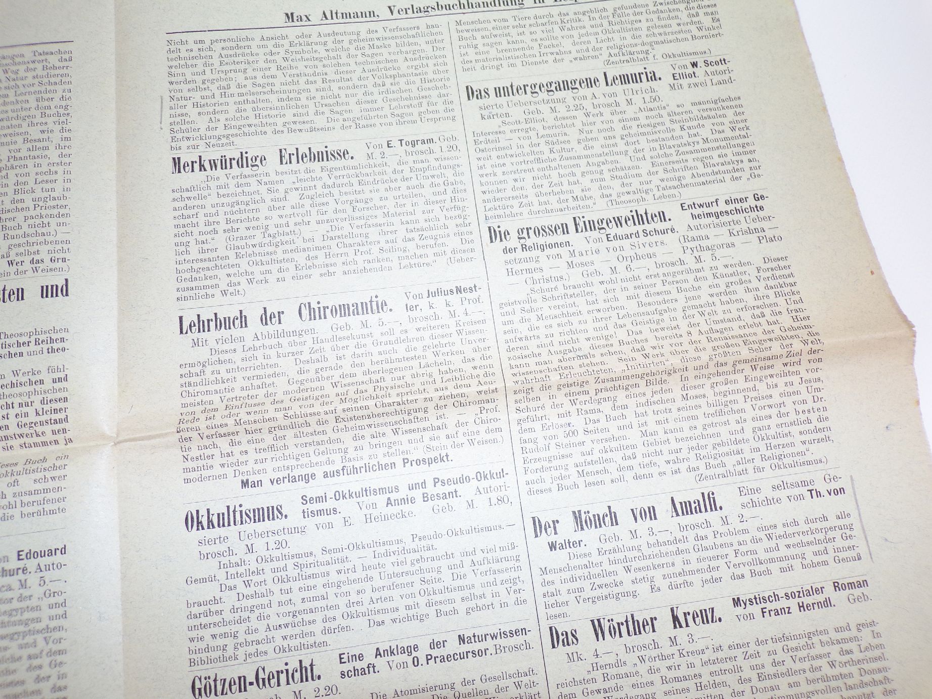Okkultismus Buch Empfehlungen Max Altmann Verlagsbuchhandlung Leipzig um 1910