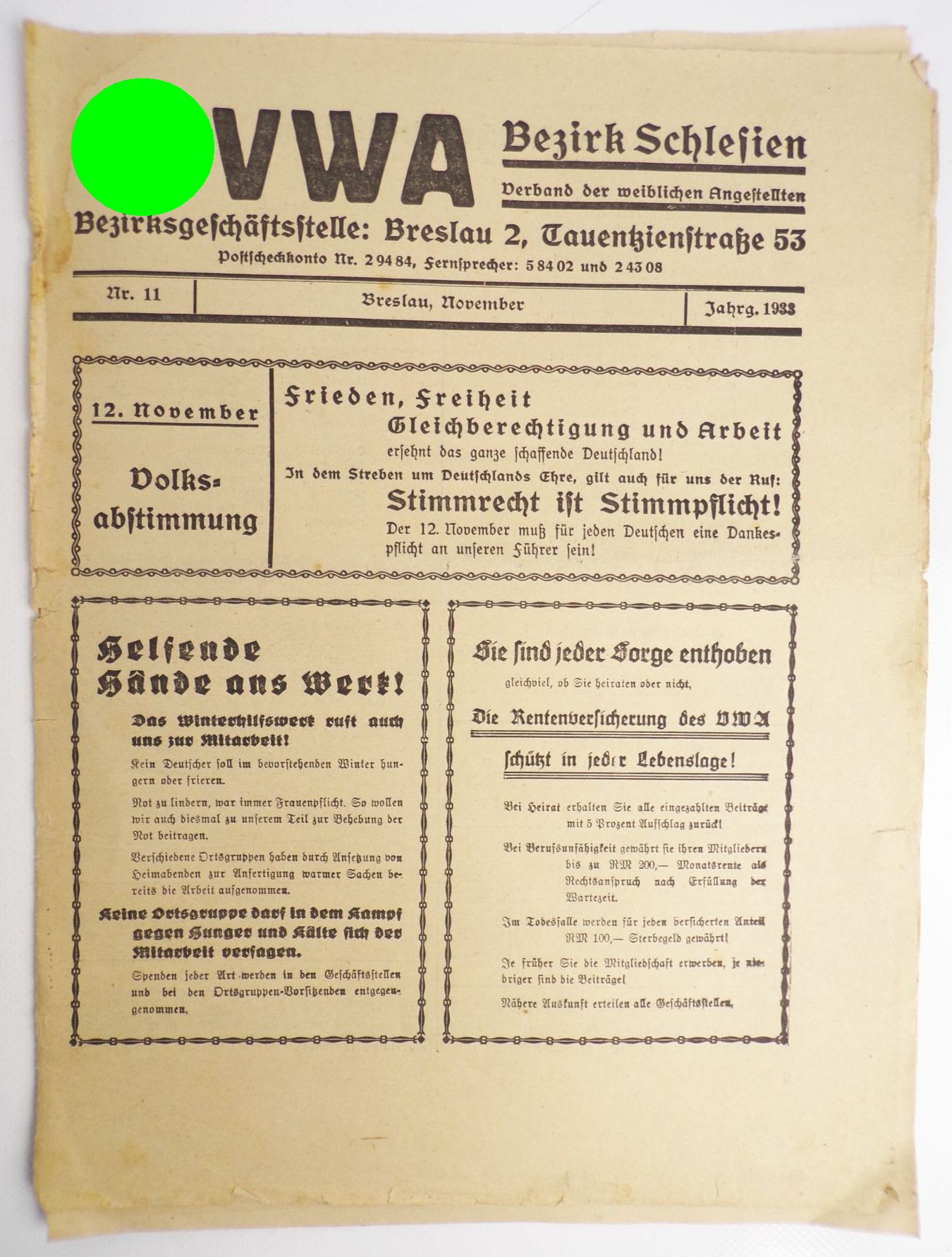 Zeitung VWA 1933 Verband der weiblichen Angestellten Bezirk Schlesien Nr 11