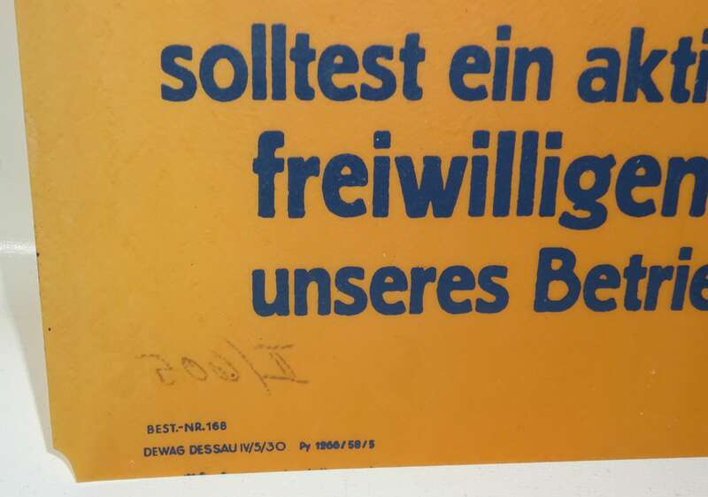 Vintage Reklame Schild Auch Du Mitglied Freiwillige Feuerwehr DDR 1958 