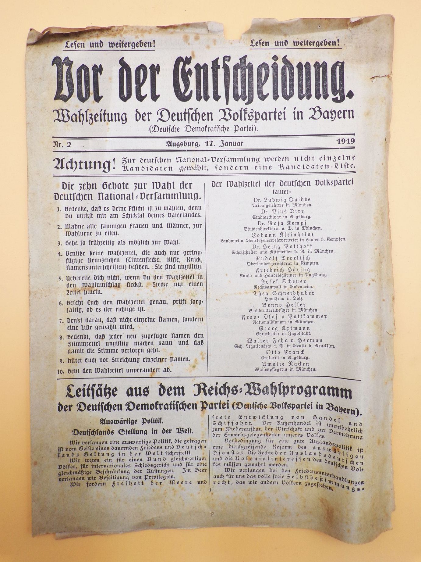 Wahlzeitung der Deutschen Volkspartei in Bayern 1919 Vor der Entscheidung