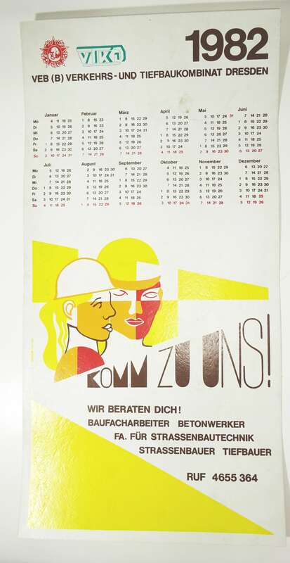 DDR Kalender 1982 VEB Verkehrs und Tiefbau Kombinat Dresden Reklame