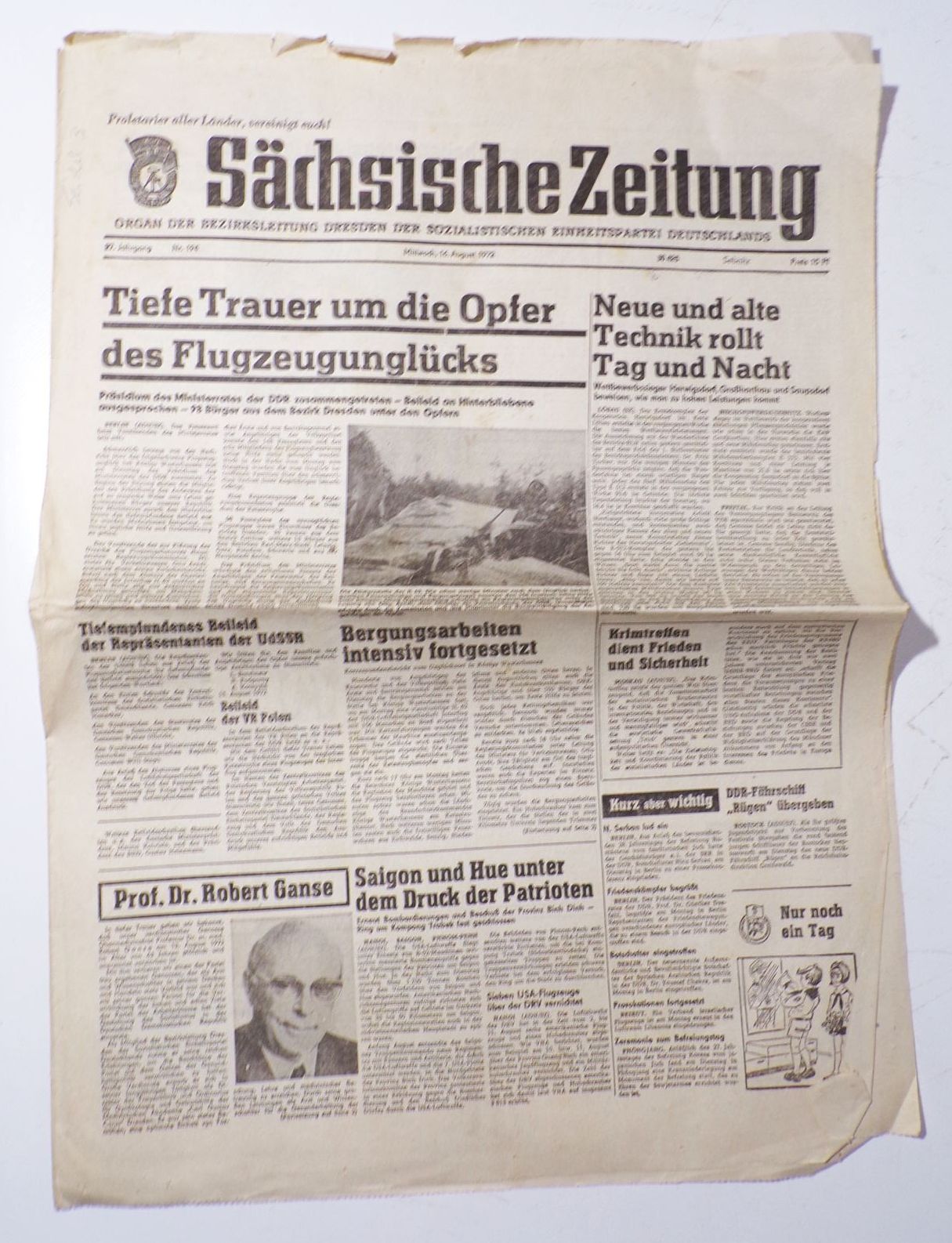 Sächsische Zeitung Trauer um Opfer Flugzeugunglück Nr 194 August 1972 DDR