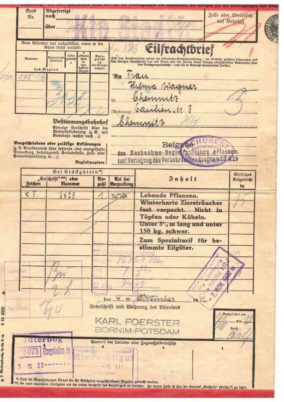 Frachtbrief Karl Foerster Bornum Potsdam nach Chemnitz 1932 Pflanzen