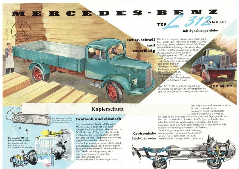 Werbeblatt Mercedes Benz L312 1950er 1960er Laster Pritschenwagen Print 