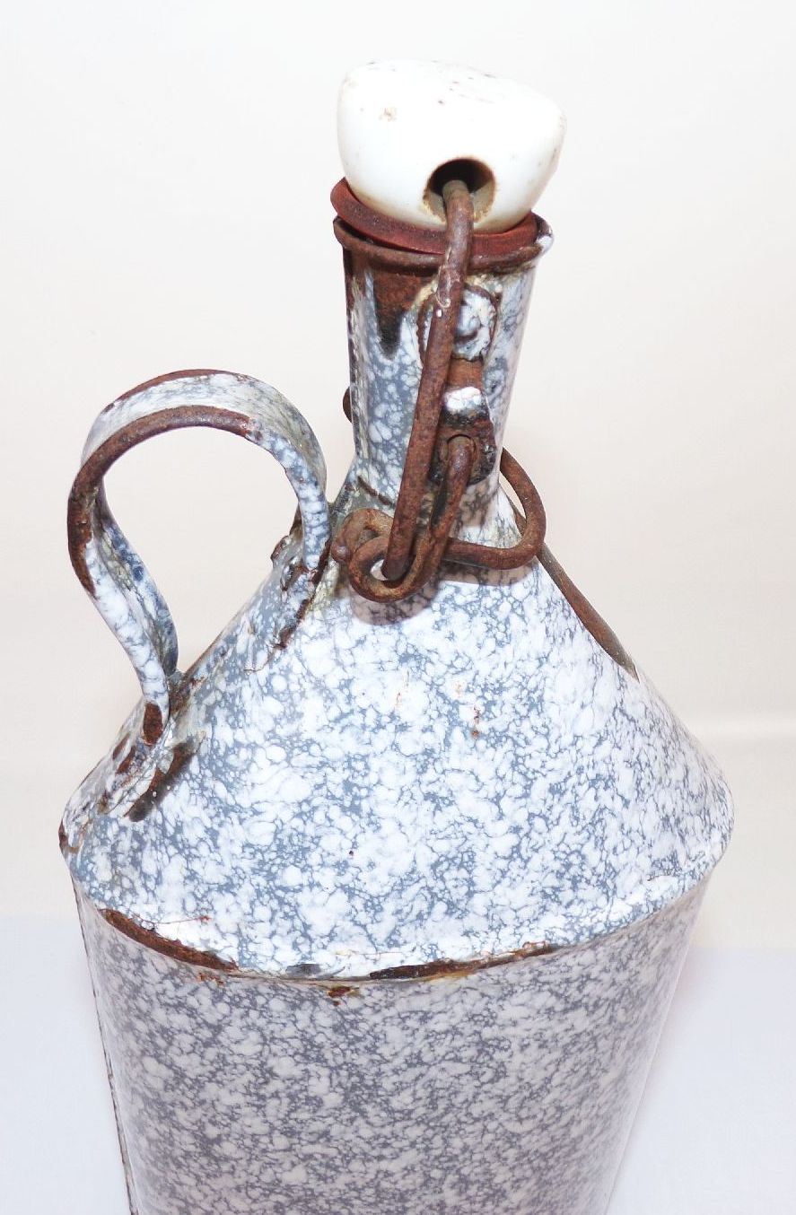 Alte Emaille Trinkflasche Flasche Verschluss Weiss Grau Vintage 