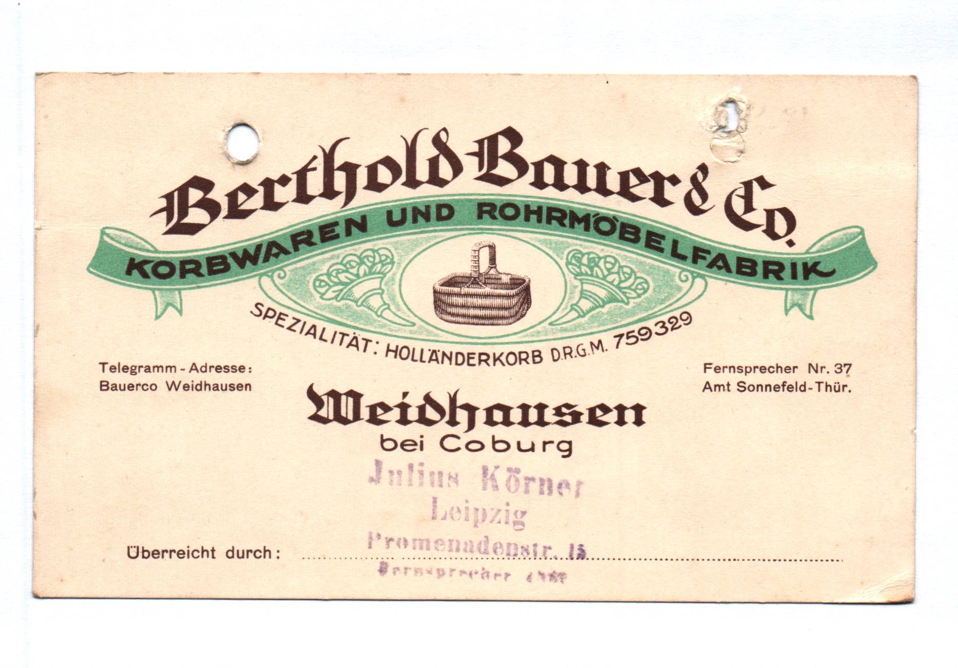 Visitenkarte Berthold Bauer & Co Korbwaren Weidhausen bei Coburg Visitenkarte Berthold Bauer & Co Korbwaren Weidhausen bei Coburg