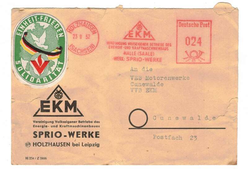 Firmen Brief EKM Sprio Werk Holzhausen Leipzig Vignette Einheit Frieden 1952
