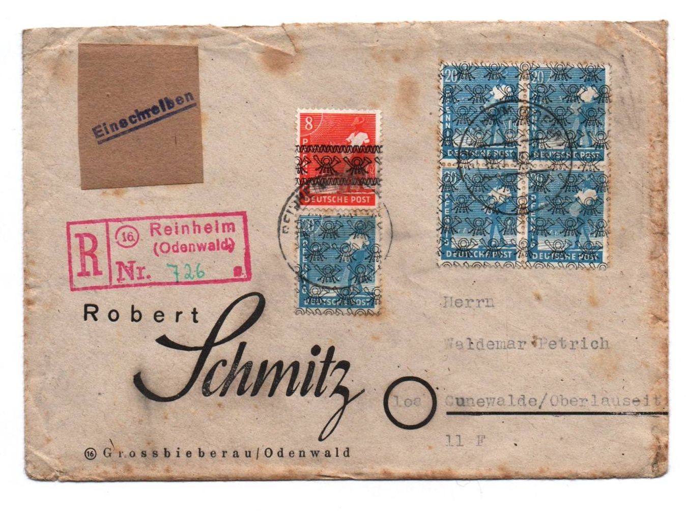 R Brief Reinheim Odenwald Posthorn 1948