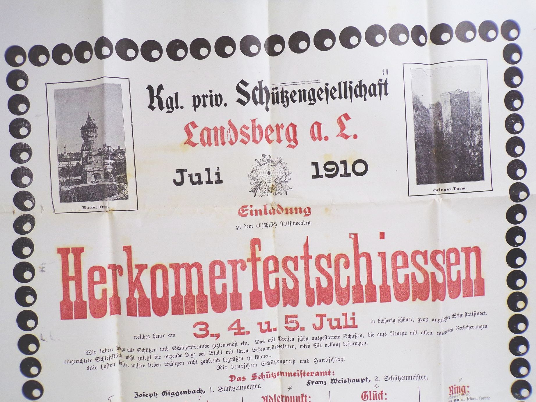 Plakat 1910 Landsberg Lech Herkomerfestschiessen Schützengesellschaft 