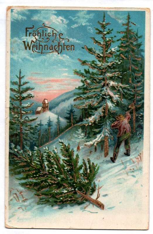 Ansichtkarte Holzfäller bei der Arbeit gold geprägt Weihnachten 1912