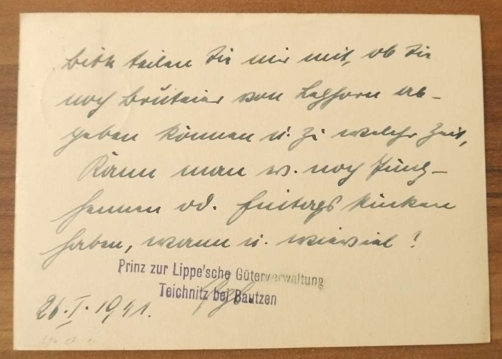 Postkarte Brief Prinz zur Lippeesche Güterverwaltung Teichnitz Bautzen Sachsen DR 1941