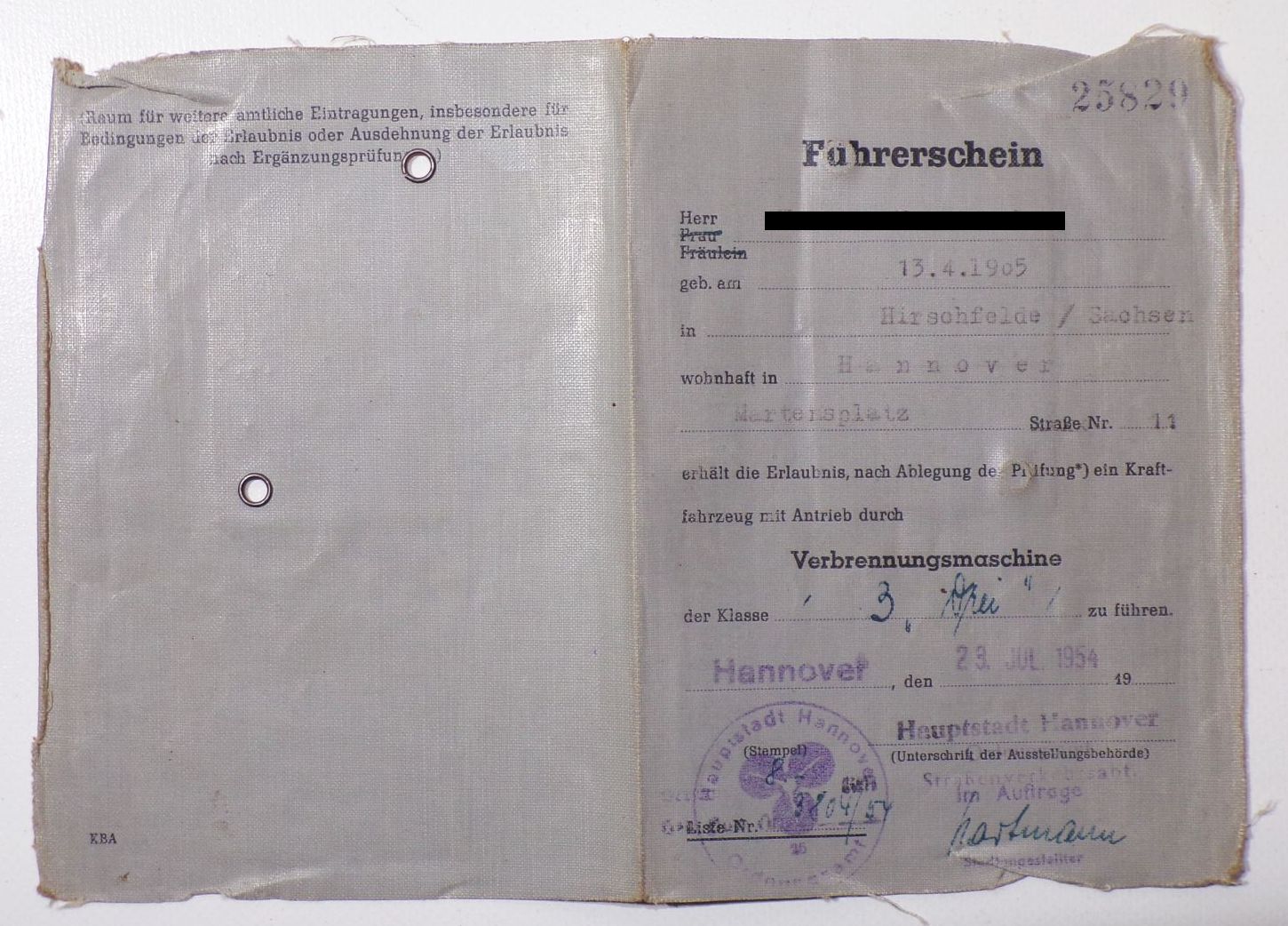Führerschein Verbrennungsmaschine Klasse 3 Hannover 1954