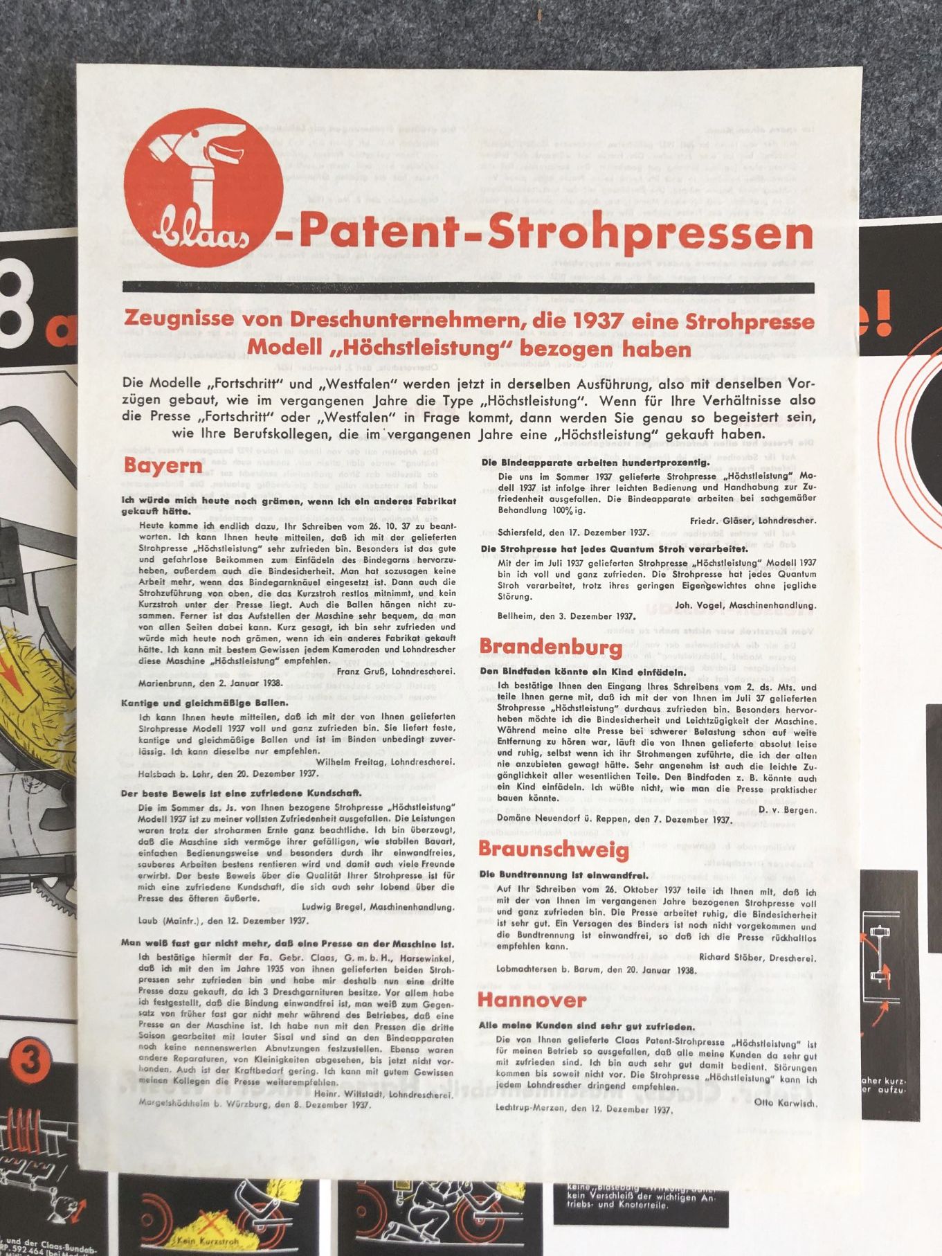 Prospekt Original Gebr Claas Patent Strohpressen BU BI Modell 1936