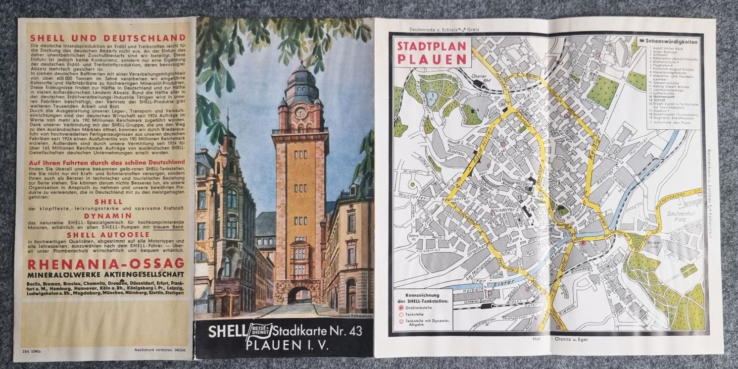Shell Stadtkarte Nr 43 Plauen im Vogtland Stadtplan 1930er Rathausturm Shell Stadtkarte Nr 43 Plauen im Vogtland Stadtplan 1930er Rathausturm